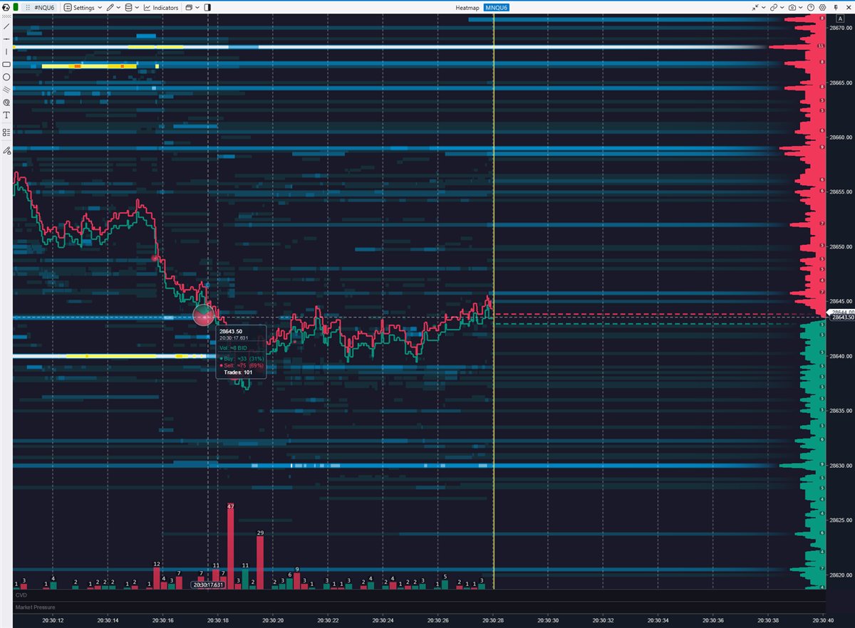 ATAS liquidity Heatmap on NQ futures showing resting orders around price